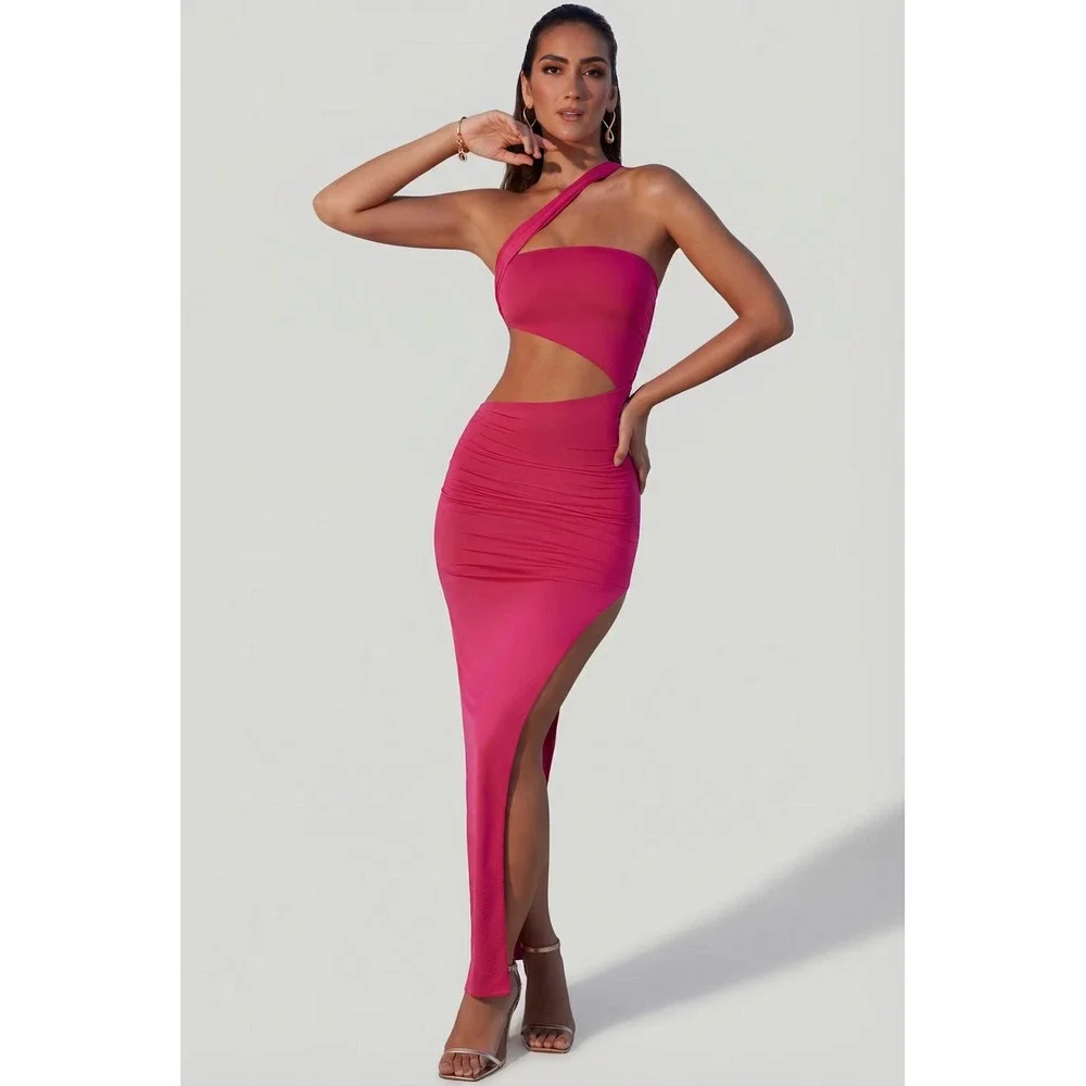 one shoulder cutout waist ruched dress Fiona Trendy One Shoulder Cutout Waist Ruched Chiffon Bridesmaid Dresses, Desert Rose